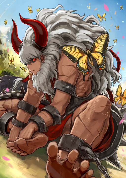1boy animal armor asterios_(fate) beard belt black_sclera blue_sky bug butterfly chain closed_mouth colored_sclera cuffs dark-skinned_male dark_skin day dutch_angle earrings facial_hair fate/grand_order fate_(series) faulds full_body gold_earrings grass hoop_earrings horns insect jewelry knee_up leaning_forward long_hair looking_at_viewer looking_to_the_side male_focus multiple_scars muscular muscular_male official_art outdoors red_eyes red_horns red_skirt scar scar_on_arm scar_on_leg shackles shimadoriru single_earring sitting skirt sky solo spikes spread_toes sunlight third-party_source toes very_long_hair white_facial_hair white_hair yellow_butterfly