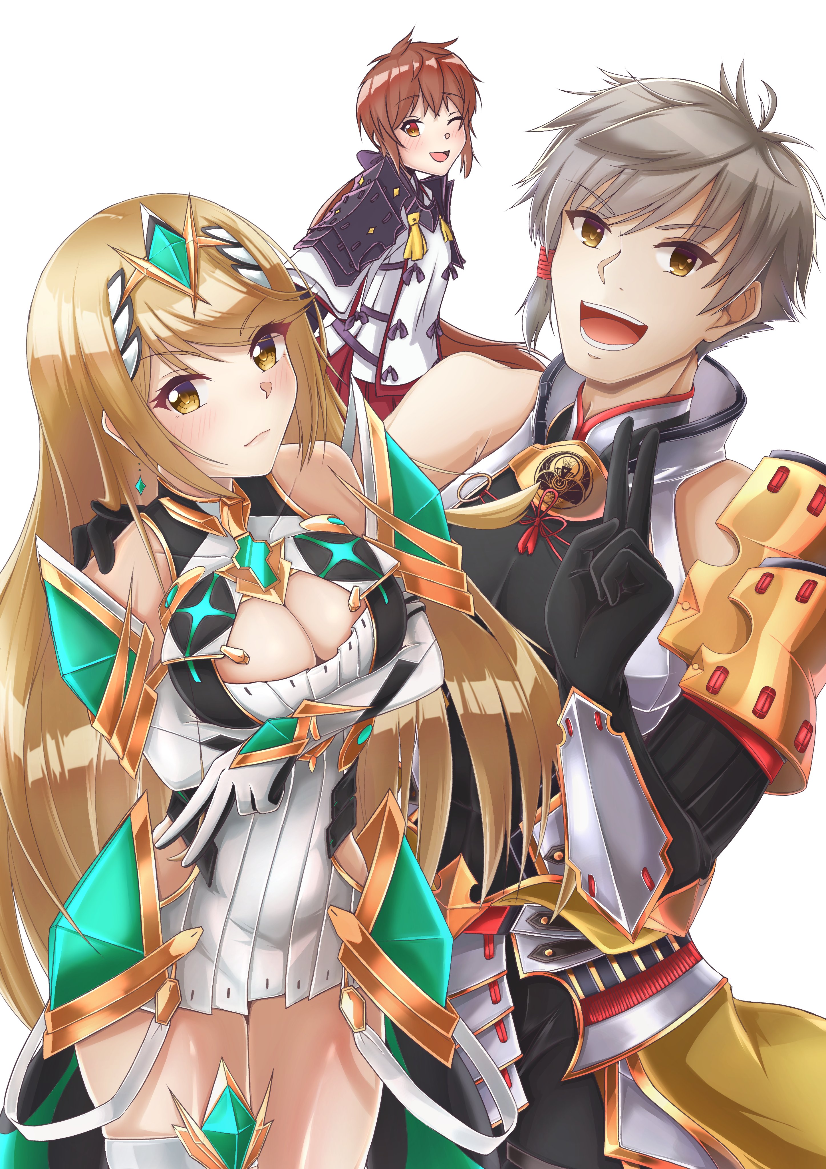 1boy 2girls :d absurdres addam_origo arm_around_shoulder armor artist_request bare_legs bare_shoulders blonde_hair breasts chest_jewel cleavage_cutout clothing_cutout crossed_arms dress earrings elbow_gloves gloves highres jewelry kagin_(kagou_shita_nanika) large_breasts long_hair lora_(xenoblade) multiple_girls mythra_(xenoblade) nintendo one_eye_closed open_mouth short_dress shoulder_armor silver_hair simple_background smile swept_bangs thigh_strap tiara very_long_hair white_background white_dress white_gloves xenoblade_chronicles_(series) xenoblade_chronicles_2 xenoblade_chronicles_2:_torna_-_the_golden_country yellow_eyes