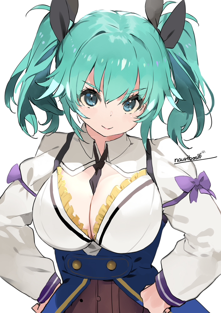 1girl aqua_hair artist_name assault_lily belt between_breasts black_necktie black_ribbon blue_eyes blue_skirt bow breasts brown_belt cleavage closed_mouth collared_shirt commentary_request frilled_shirt frills hair_between_eyes hair_ribbon hands_on_own_hips high-waist_skirt large_breasts long_sleeves looking_at_viewer medium_breasts nauribon necktie necktie_between_breasts odaiba_girls_high_school_uniform purple_bow ribbon school_uniform shirt simple_background skirt sleeve_bow smile solo standing suzuki_chinami twintails upper_body v-shaped_eyebrows white_background