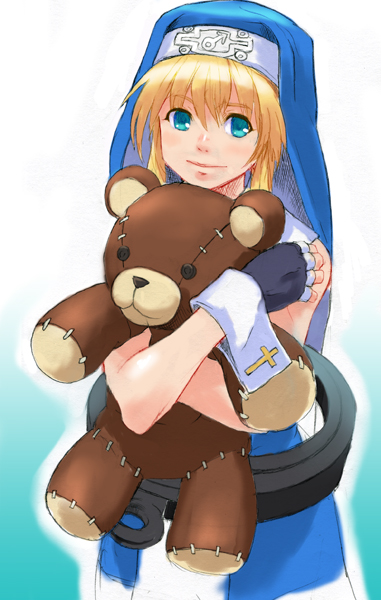 1boy bare_arms bare_shoulders black_gloves blonde_hair blue_veil blue_vest bridget_(guilty_gear) button_eyes buttons closed_mouth commentary cowboy_shot cross cross_print fingerless_gloves gloves gradient_background green_eyes guilty_gear guilty_gear_xx guimpe hair_between_eyes holding holding_stuffed_toy hugging_object iwaya latin_cross light_blush light_smile long_sidelocks looking_at_viewer male_focus mars_symbol object_belt outline oversized_object print_wrist_cuffs roger_(guilty_gear) shirt short_hair_with_long_locks sidelocks sleeveless sleeveless_shirt stitches stuffed_animal stuffed_toy teddy_bear trap two-sided_veil veil vest white_outline white_shirt white_wrist_cuffs wrist_cuffs