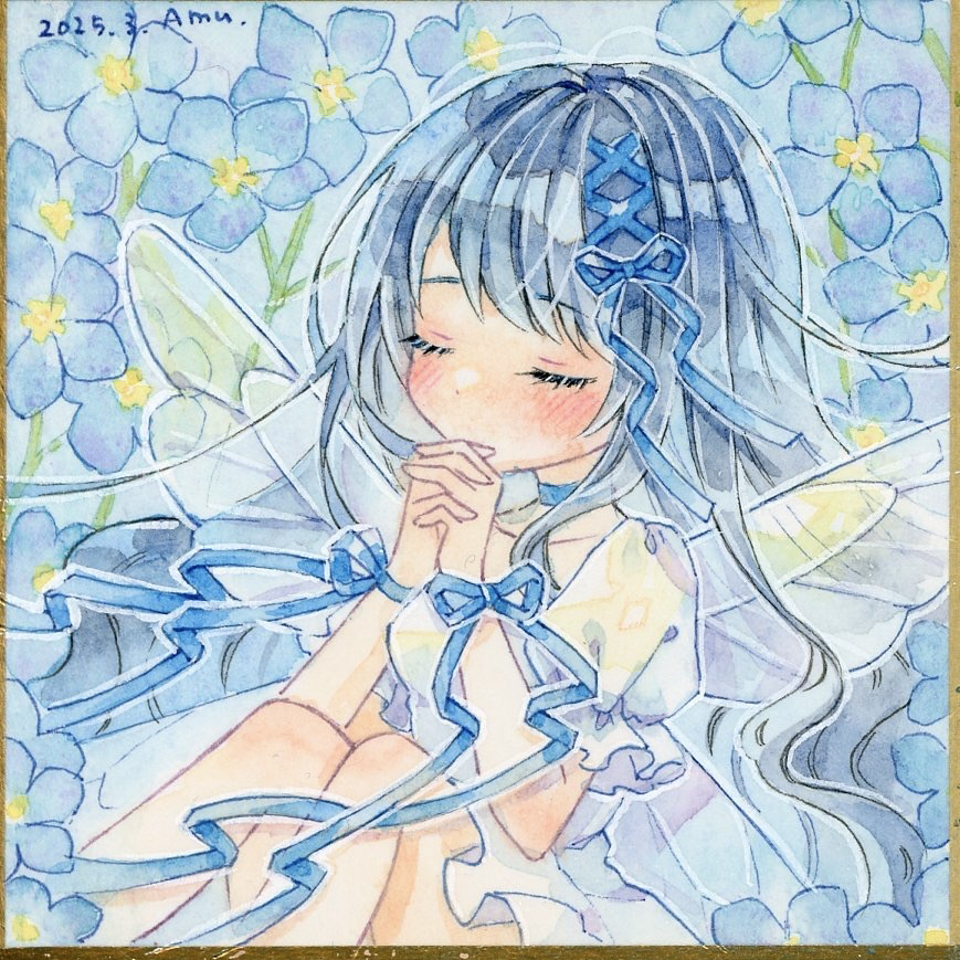 1girl amu_(m_aa) black_hair blue_choker blue_flower blue_ribbon blush breasts choker closed_eyes commentary_request dated dress fairy fairy_wings flower frilled_sleeves frills hair_ribbon long_hair original painting_(medium) puffy_short_sleeves puffy_sleeves ribbon shikishi short_sleeves signature sitting small_breasts solo traditional_media watercolor_(medium) white_dress wings