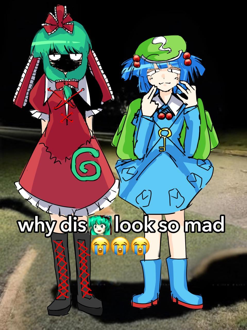 2girls 404_lolk blue_hair boots bow dress english_text frilled_dress frills front_ponytail full_body green_bag green_hair green_hat hat highres kagiyama_hina kawashiro_nitori looking_at_viewer meme multiple_girls photo_background puffy_short_sleeves puffy_sleeves red_bow red_dress red_ribbon ribbon shadow short_sleeves standing touhou two_side_up why_dis_ninja_look_so_mad_(meme)