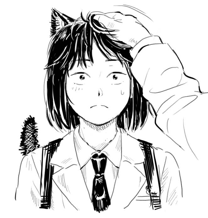 1girl 1other animal_ears backpack bad_id bad_twitter_id bag blazer blush cat_ears cat_girl cat_tail closed_mouth collared_shirt commentary_request frown glub000 hand_on_another&#039;s_head headpat iwakura_mitsumi jacket kemonomimi_mode korean_commentary lapels motion_lines necktie notched_lapels out_of_frame school_uniform shirt short_hair simple_background skip_to_loafer small_sweatdrop tail upper_body white_background