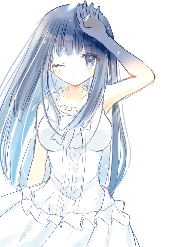 1girl aiyan arm_at_side blue_eyes blue_hair blunt_bangs breasts collarbone dark_blue_hair dress expressionless frilled_dress frills hand_up large_breasts long_hair one_eye_closed parted_lips simple_background sleeveless sleeveless_dress solo straight_hair subarashiki_hibi sundress takashima_zakuro upper_body white_background white_dress