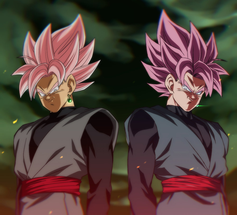 2boys chromatic_aberration commentary_request dragon_ball dragon_ball_super dual_persona earrings embers evil_smile goku_black green_eyes jewelry male_focus multiple_boys pink_hair rom_(20) single_earring smile super_saiyan super_saiyan_rose
