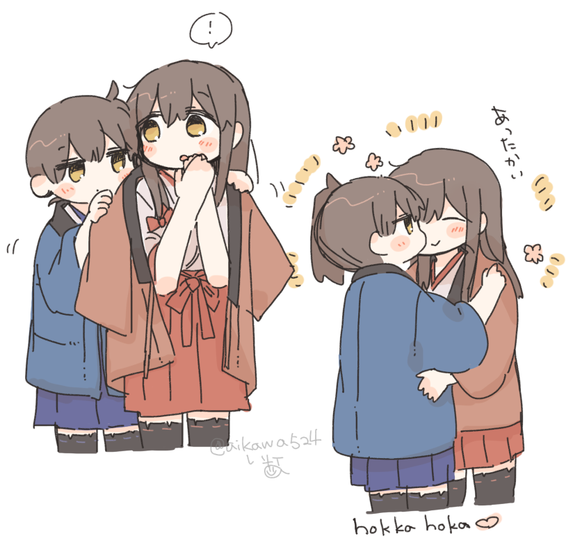 ! 2girls ahoge akagi_(kancolle) black_thighhighs blue_haori blue_skirt blush brown_hair commentary_request cowboy_shot cropped_legs deformed double-parted_bangs hair_between_eyes hakama hakama_short_skirt hakama_skirt haori hug ina_(1813576) japanese_clothes kaga_(kancolle) kantai_collection kimono long_hair medium_hair multiple_girls multiple_views open_mouth red_haori red_skirt side_ponytail sidelocks signature skirt smile speech_bubble spoken_exclamation_mark thighhighs translation_request twitter_username white_background white_kimono yellow_eyes yuri