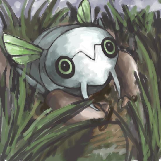 bug commentary english_commentary gen_3_pokemon grass green_eyes green_wings nincada nintendo no_humans pokemon pokemon_(creature) sailorclef solo wings