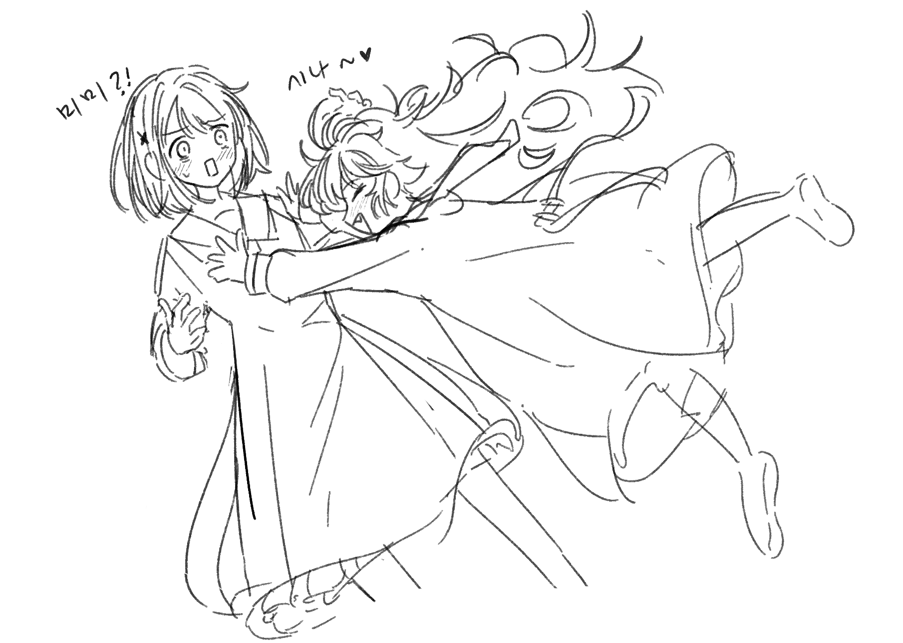 !? 2girls black_dog_(ckdfhd) blush closed_eyes closed_mouth dress fang glomp happy heart highres hug imminent_hug jumping kagari_mimi kimi_ga_shinu_made_koi_wo_shitai korean_text lineart long_hair looking_at_another midair multiple_girls open_mouth pouncing short_hair simple_background sketch spoken_heart surprised sweatdrop totsuki_shiina translation_request white_background wide-eyed yuri