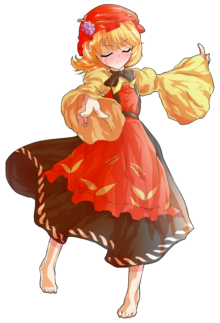 1girl aki_minoriko apron barefoot black_skirt blonde_hair dairi full_body hat pointing print_apron red_apron red_hat shirt short_hair skirt solo tachi-e touhou wheat_print wide_sleeves yellow_shirt