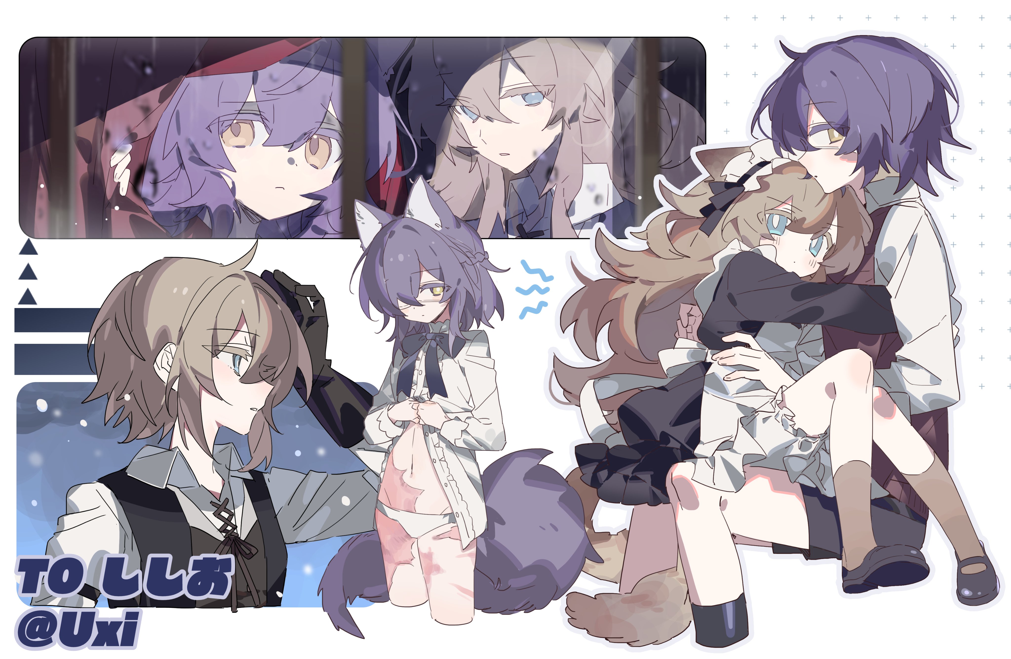 2girls absurdres animal_ears apron asphyxia17 black_bow black_bowtie black_dress black_footwear black_gloves black_vest blood blood_on_face blue_eyes bow bowtie brown_hair child closed_mouth clothes_lift collared_shirt cropped_legs dress elpis_(sisio_kun) frills gabriel_(sisio_kun) genderswap gloves hairband highres hug leaning_on_person long_hair long_sleeves looking_at_viewer maid maid_headdress multiple_girls multiple_views navel original panties profile purple_hair rain role_reversal scar scar_on_face scar_on_leg shirt shoes short_hair sitting socks tail twitter_username underwear vest white_apron white_panties white_shirt wolf_ears wolf_tail yellow_eyes