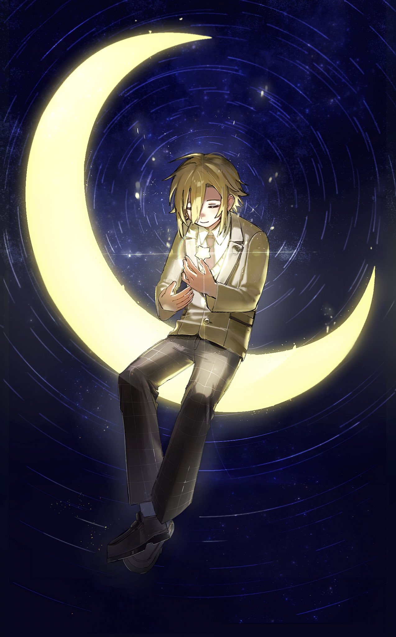 1boy black_pants black_shoes blonde_hair closed_eyes closed_mouth collared_shirt crescent_moon full_body grey_jacket hair_between_eyes highres jacket male_focus moon necktie ni_22 nijisanji pants red_necktie shirt shoes sitting solo star_(sky) star_(symbol) uzuki_kou uzuki_kou_(3rd_costume) virtual_youtuber white_shirt
