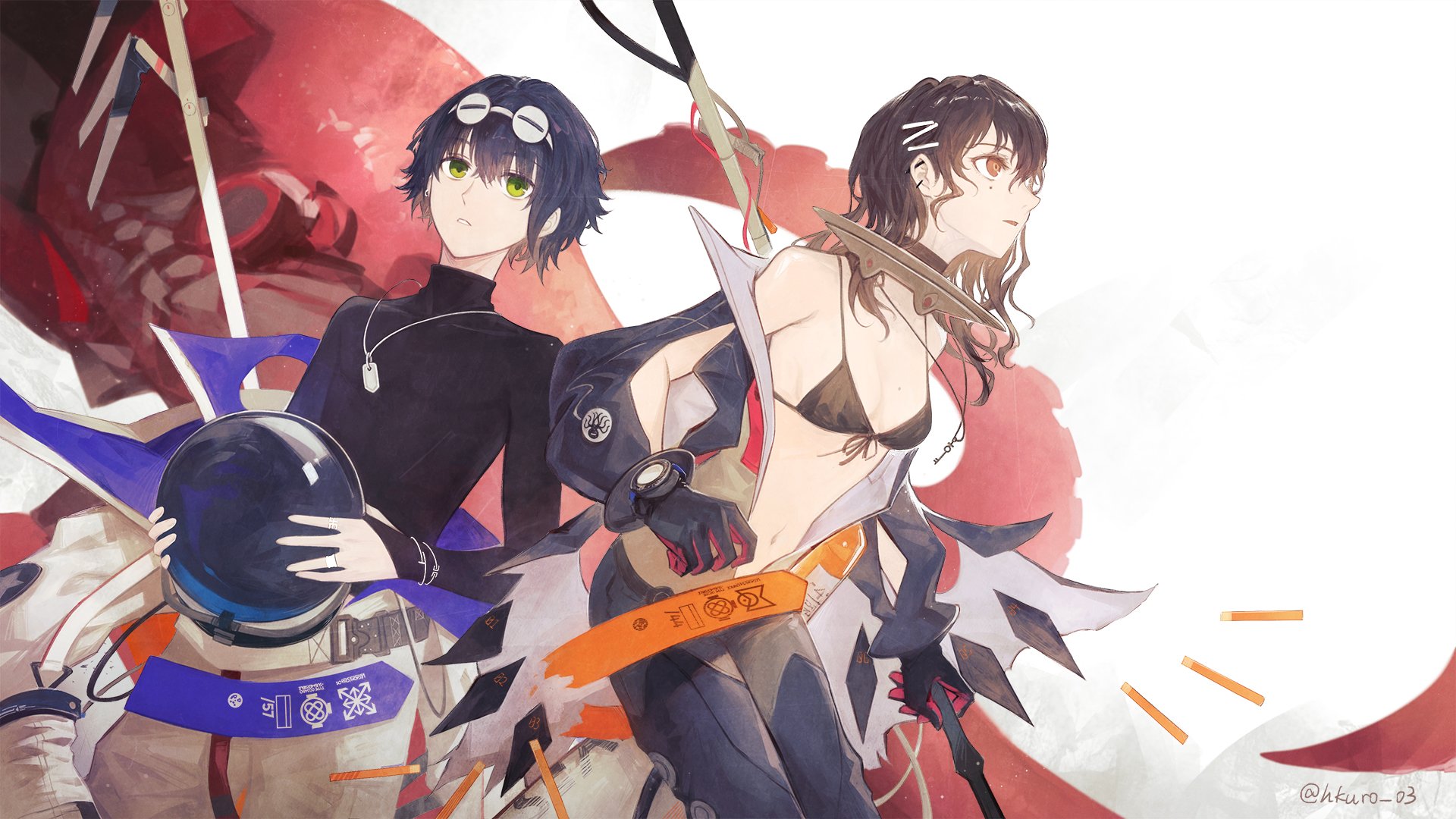 1boy 1girl bikini black_bikini black_hair bow breasts brown_eyes chinese_commentary diving_suit dog_tags ear_piercing eyewear_on_head front-tie_bikini_top front-tie_top girls'_frontline girls'_frontline_neural_cloud green_eyes hair_bow hatsuchiri_(neural_cloud) hei_chuan_gui helmet highres holding holding_helmet holding_polearm holding_weapon jewelry key key_necklace medium_hair mole mole_on_breast mole_under_eye multiple_hair_bows navel necklace parted_lips piercing polearm ring short_hair simple_background sueyoi_(neural_cloud) swimsuit tentacles twitter_username weapon