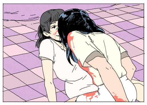 2girls black_eyes black_hair blood blood_on_clothes blood_on_face blood_on_hands border brown_hair choo commentary english_commentary flat_color from_behind kiss long_hair looking_at_another multiple_girls on_ground original purple_background shirt sketch skirt smile straddling tile_floor tiles white_border white_shirt white_skirt yellow_shirt yuri
