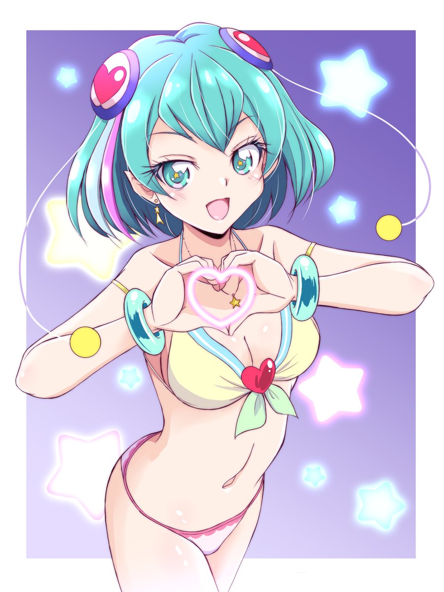 1girl :d alien amraam120c antennae aqua_eyes aqua_hair armlet bikini border bracelet breasts cowboy_shot front-tie_bikini_top front-tie_top hagoromo_lala halterneck heart heart_hands highres jewelry looking_at_viewer medium_breasts multicolored_hair navel open_mouth pink_hair precure shiny_skin short_hair smile solo standing star_(symbol) star_in_eye star_twinkle_precure stomach streaked_hair string_bikini swimsuit symbol_in_eye yellow_bikini