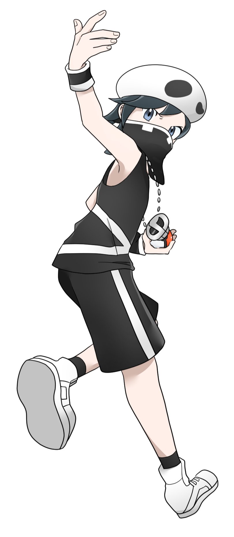 1boy black_hair black_shirt black_shorts black_socks commentary_request cosplay elio_(pokemon) fingernails full_body hat highres holding holding_poke_ball jewelry looking_at_viewer looking_back male_focus mashiro_eaka mask mouth_mask necklace nintendo poke_ball poke_ball_(basic) pokemon pokemon_sm shirt short_hair shorts simple_background sleeveless sleeveless_shirt socks solo team_skull_grunt team_skull_grunt_(cosplay) team_skull_uniform white_background white_footwear white_hat wristband