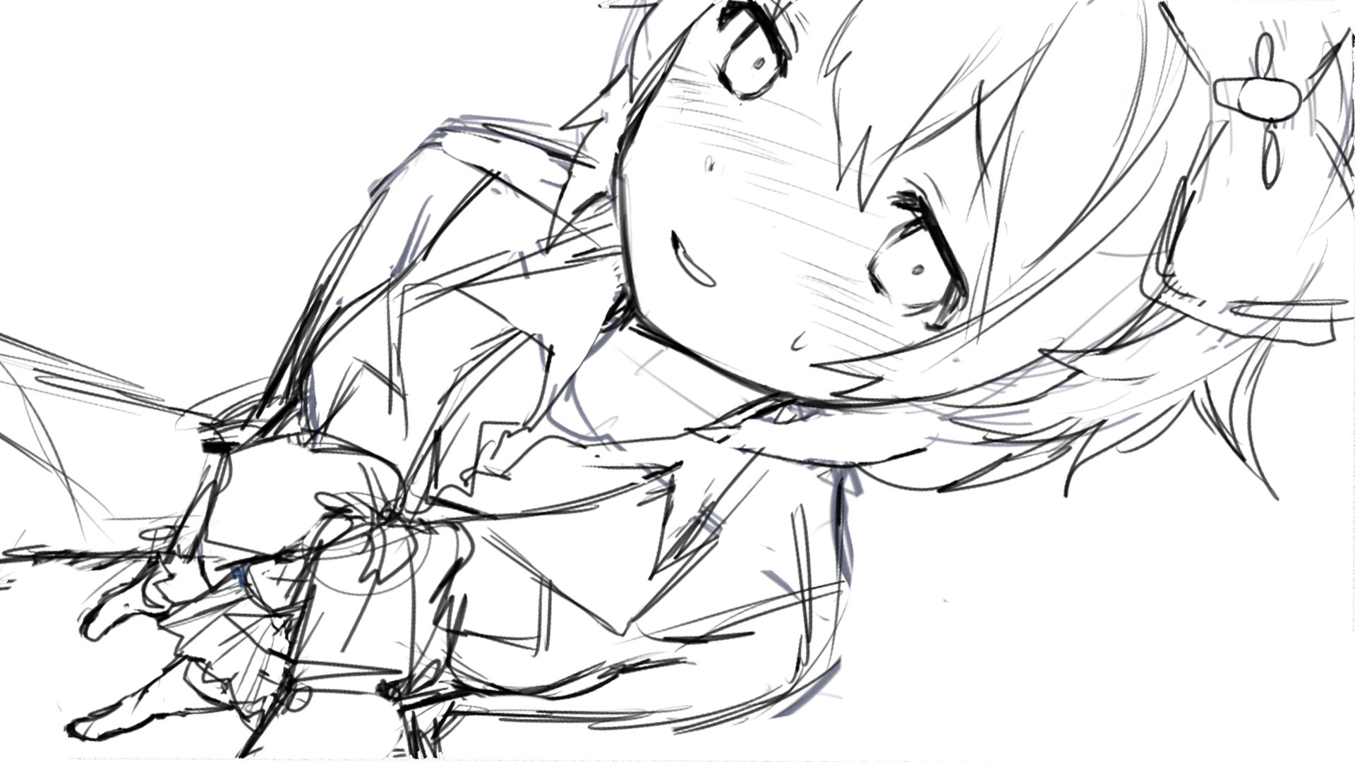 1boy 1girl adjusting_another's_clothes arms_at_sides blazer blush bow breasts collarbone collared_shirt commentary doki_doki_literature_club doki_doki_literature_club doki_doki_literature_club_school_uniform dot_nose double-parted_bangs dress_shirt dutch_angle embarrassed english_commentary flustered foreshortening from_above full_body furrowed_brow game_cg greyscale grin hair_bow half-closed_eyes highres jacket kneehighs long_eyelashes long_sleeves looking_at_another looking_at_viewer medium_breasts miniskirt monochrome neck_ribbon nervous nervous_smile non-web_source nose_blush official_art own_hands_together pleated_skirt pov pov_hands production_art protagonist_(doki_doki_literature_club) raised_inner_eyebrows ribbon satchely sayori_(doki_doki_literature_club) school_uniform shirt short_hair sidelocks simple_background sketch skirt small_sweatdrop smile socks solo_focus standing sweater_vest thick_eyelashes unfinished wavy_hair white_background wing_collar