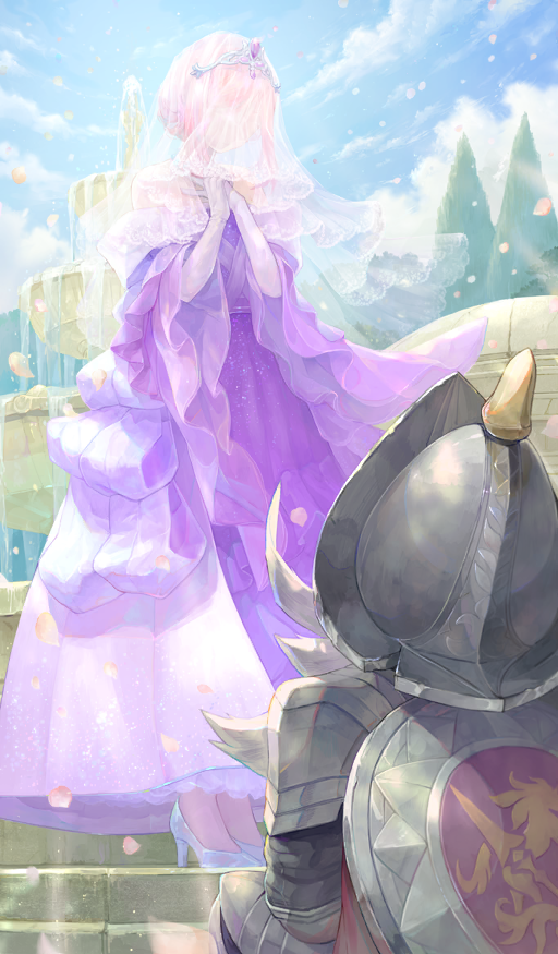 1boy 1girl armor beard blue_sky cloud commentary day don_quixote_(fate) dress elbow_gloves faceless faceless_female facial_hair fate/grand_order fate_(series) fountain gloves hands_up helmet high_heels kneeling leg_armor long_dress long_sleeves mustache official_art outdoors own_hands_together petals pink_hair pumps purple_dress sakumamitsuro sancho_(fate) shoes shoulder_armor sidelocks sky stairs standing stiletto_heels sunlight third-party_source tiara tree veil water white_facial_hair white_gloves white_shoes white_veil wind