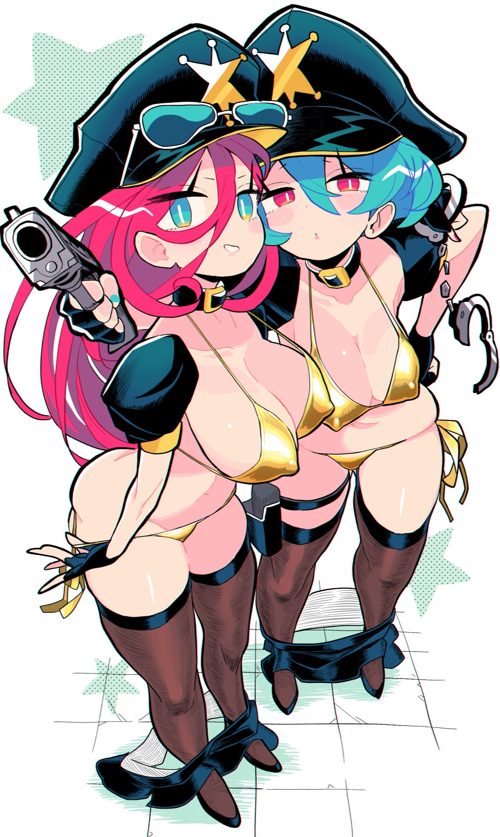 2girls aqua_eyes bikini breasts bright_pupils cleavage collar collarbone commentary covered_erect_nipples cuffs detached_sleeves eyewear_on_headwear fingerless_gloves gashi-gashi gloves gold_bikini gun hand_on_own_hip handcuffs hat highres holding holding_gun holding_weapon large_breasts long_hair looking_at_viewer multiple_girls nail_polish open_mouth original police_hat red_eyes red_hair short_hair simple_background star_(symbol) swimsuit symbol-only_commentary thigh_strap thighhighs weapon white_background white_pupils