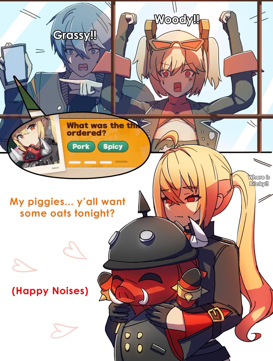 1boy 1other 2girls animal_ears burnice_white carrying dorahdew english_text highres luciana_de_montefio multiple_girls pig_boy pig_ears pig_nose pointing pointing_at_object scared speech_bubble tusks window wise_(zenless_zone_zero) zenless_zone_zero