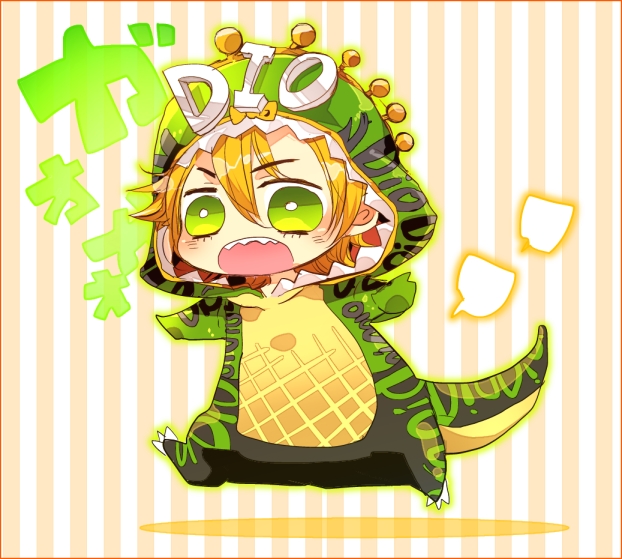 1boy animal_costume bakanoise blonde_hair chibi diego_brando dinosaur_costume fangs green_eyes jojo_no_kimyou_na_bouken male_focus sadahara_inako solo steel_ball_run