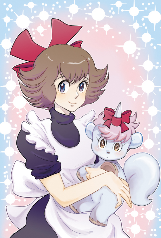 1980s_(style) apron blue_eyes brown_eyes brown_hair chao_(unico) hair_ribbon hug looking_at_viewer retro_artstyle pink_hair retro_artstyle ribbon short_hair smile sparkle tail tcgf0 unico unico_(character) unicorn