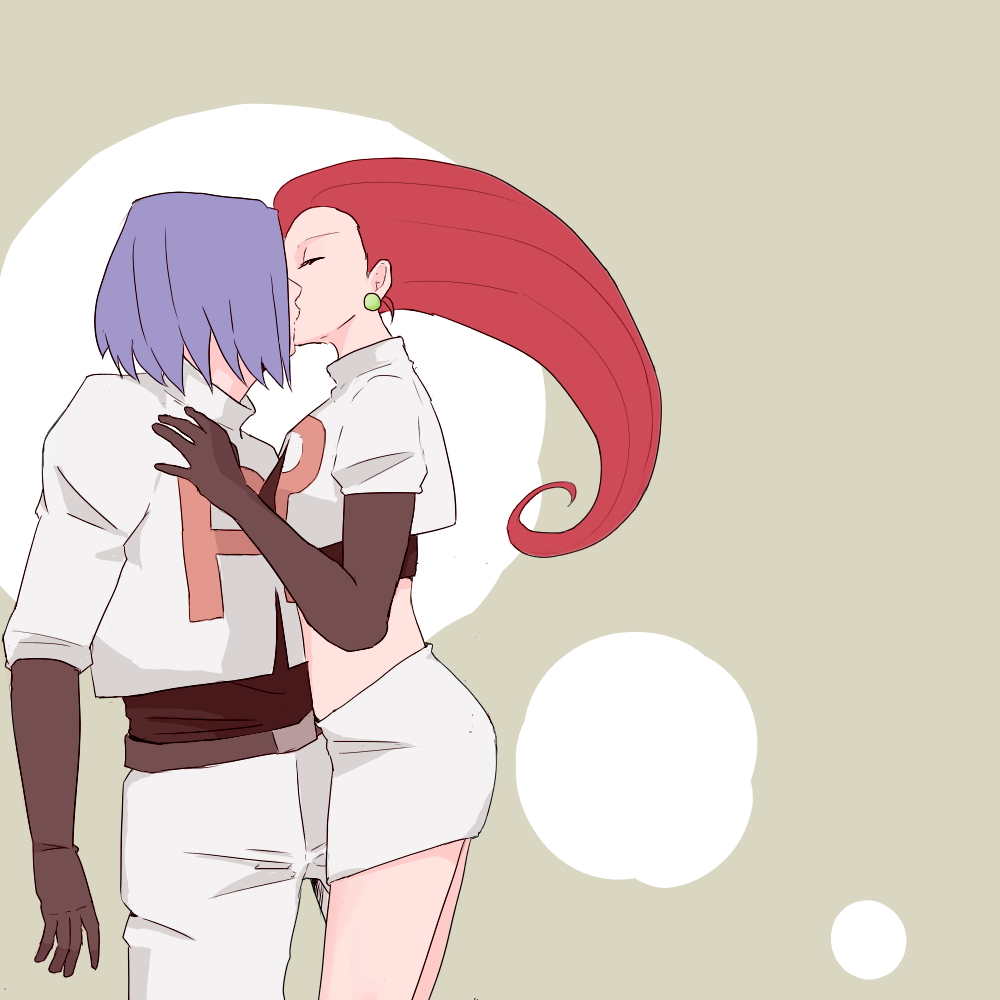 1boy 1girl black_gloves closed_eyes creatures_(company) game_freak gloves james_(pokemon) jessie_(pokemon) kiss long_hair nintendo oomi_(omrice) pokemon pokemon_(anime) pokemon_(classic_anime) purple_hair red_hair surprise_kiss surprised team_rocket team_rocket_uniform very_long_hair