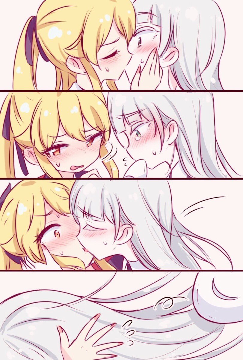2girls blonde_hair blush closed_eyes ear_blush flying_sweatdrops french_kiss highres kakegurui kiss long_hair momobami_ririka multiple_girls parted_lips sakasana_(kaisen_teikoku) saotome_mary sweatdrop tongue white_hair yellow_eyes yuri