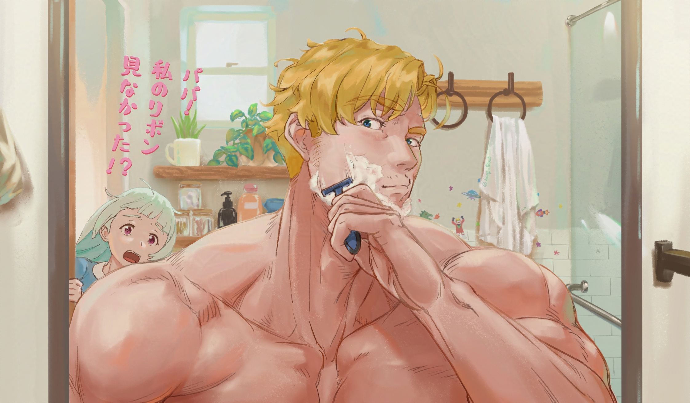 1boy 1girl bang_thirst bara bathroom blonde_hair blue_eyes collarbone commentary_request facial_hair highres holding holding_razor indoors lewis_smith looking_at_mirror lulu_(bang_bravern) male_focus mirror muscular muscular_male razor safety_razor shaving shaving_cream sideburns_stubble stubble translation_request upper_body yuuki_bakuhatsu_bang_bravern