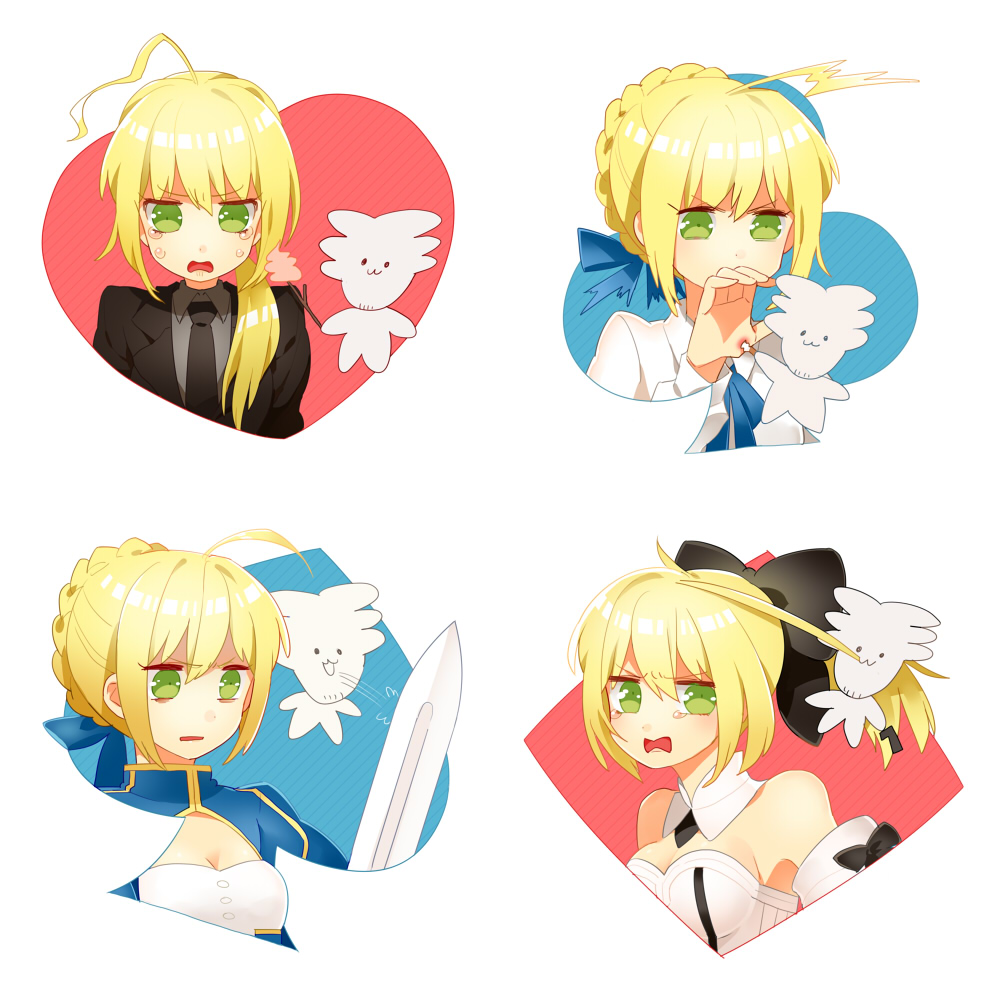4girls ahoge artoria_pendragon_(fate) blonde_hair capcom chibi dress emiya_kiritsugu facial_hair fate/stay_night fate/unlimited_codes fate/zero fate_(series) formal_clothes green_eyes gum_(gmng) gumidemo_kandero hair_ribbon heart long_hair multiple_girls multiple_persona pant_suit pants ponytail ribbon saber_(fate) saber_lily short_hair stubble suit sword tears weapon