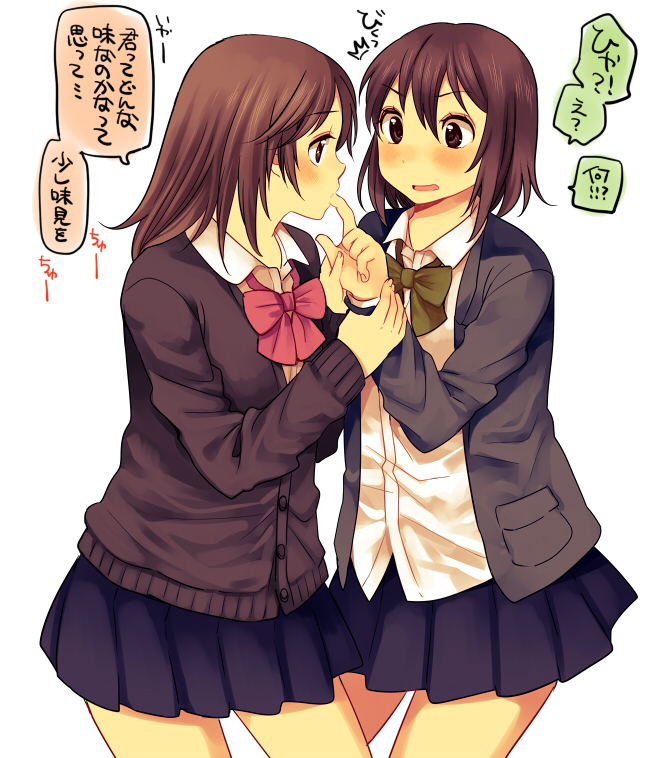 2girls ^^^ blazer blush bow brown_eyes brown_hair cardigan dress_shirt finger_in_mouth finger_sucking hachiko_(hati12) jacket long_hair multiple_girls open_clothes open_jacket original pleated_skirt school_uniform shirt short_hair skirt surprised translated yuri