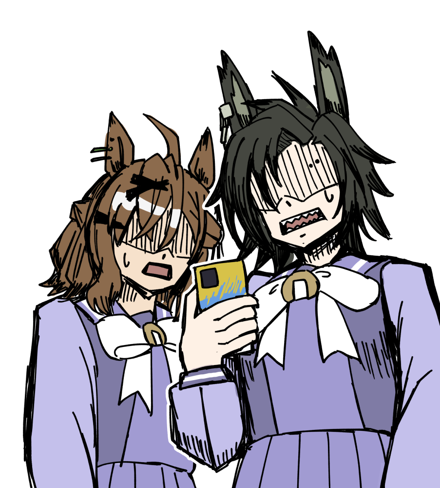 2girls ahoge air_shakur_(umamusume) animal_ears black_hair bow bowtie brown_hair cellphone holding holding_phone horse_ears horse_girl horseshoe_ornament jungle_pocket_(umamusume) long_hair long_sleeves multicolored_hair multiple_girls open_mouth phone pleated_skirt purple_serafuku purple_shirt purple_skirt sailor_collar sailor_shirt school_uniform serafuku sharp_teeth shirt simple_background skirt smartphone streaked_hair tanasiso teeth tracen_school_uniform umamusume white_background white_bow white_bowtie white_hair