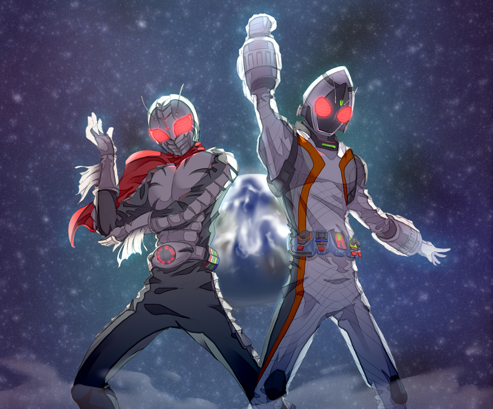 2boys antennae belt earth_(planet) echoes7 glowing glowing_eyes kamen_rider kamen_rider_fourze kamen_rider_fourze_(series) kamen_rider_super-1 kamen_rider_super-1_(series) multiple_boys planet space