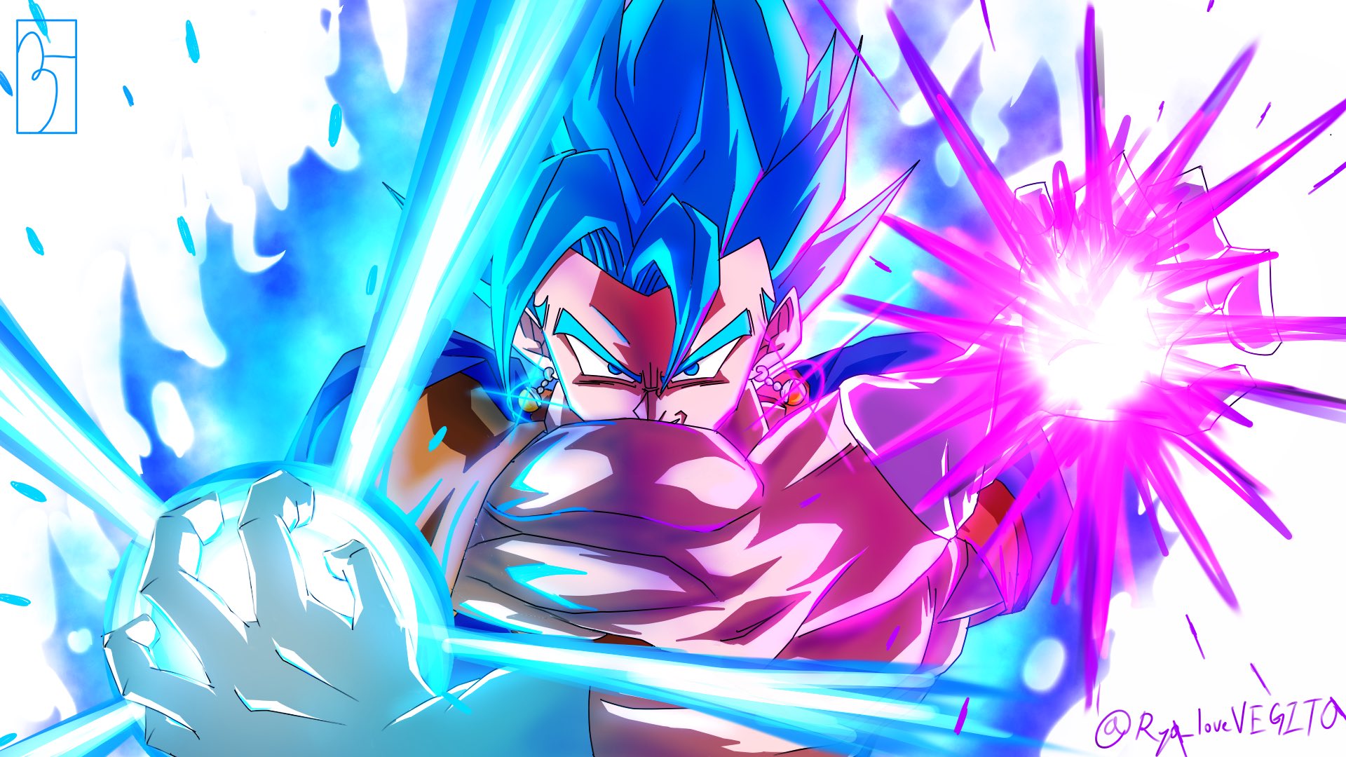 1boy aura blue_eyes blue_hair blue_shirt dougi dragon_ball dragon_ball_super dragon_ball_z_dokkan_battle earrings gloves highres jewelry male_focus medium_hair muscular muscular_male orange_shirt potara_earrings ryo_lovevegito shirt simple_background solo spiked_hair super_saiyan super_saiyan_blue upper_body vegetto white_background white_gloves