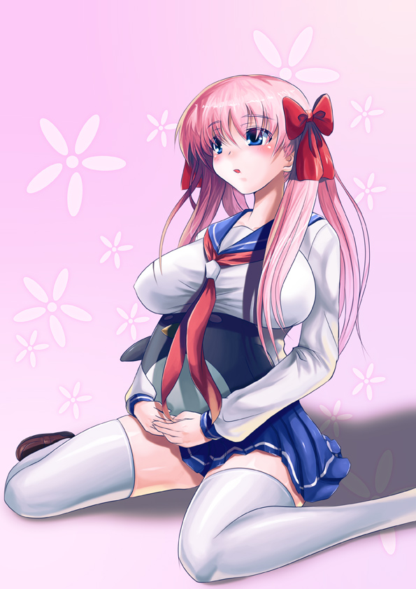 1girl bird blue_eyes blush bow breasts etopen female_focus hair_bow haramura_nodoka hokuto_(hokuto_pk) large_breasts long_hair penguin pink_hair saki_(manga) school_uniform serafuku sitting solo stuffed_animal stuffed_toy thighhighs twintails wariza