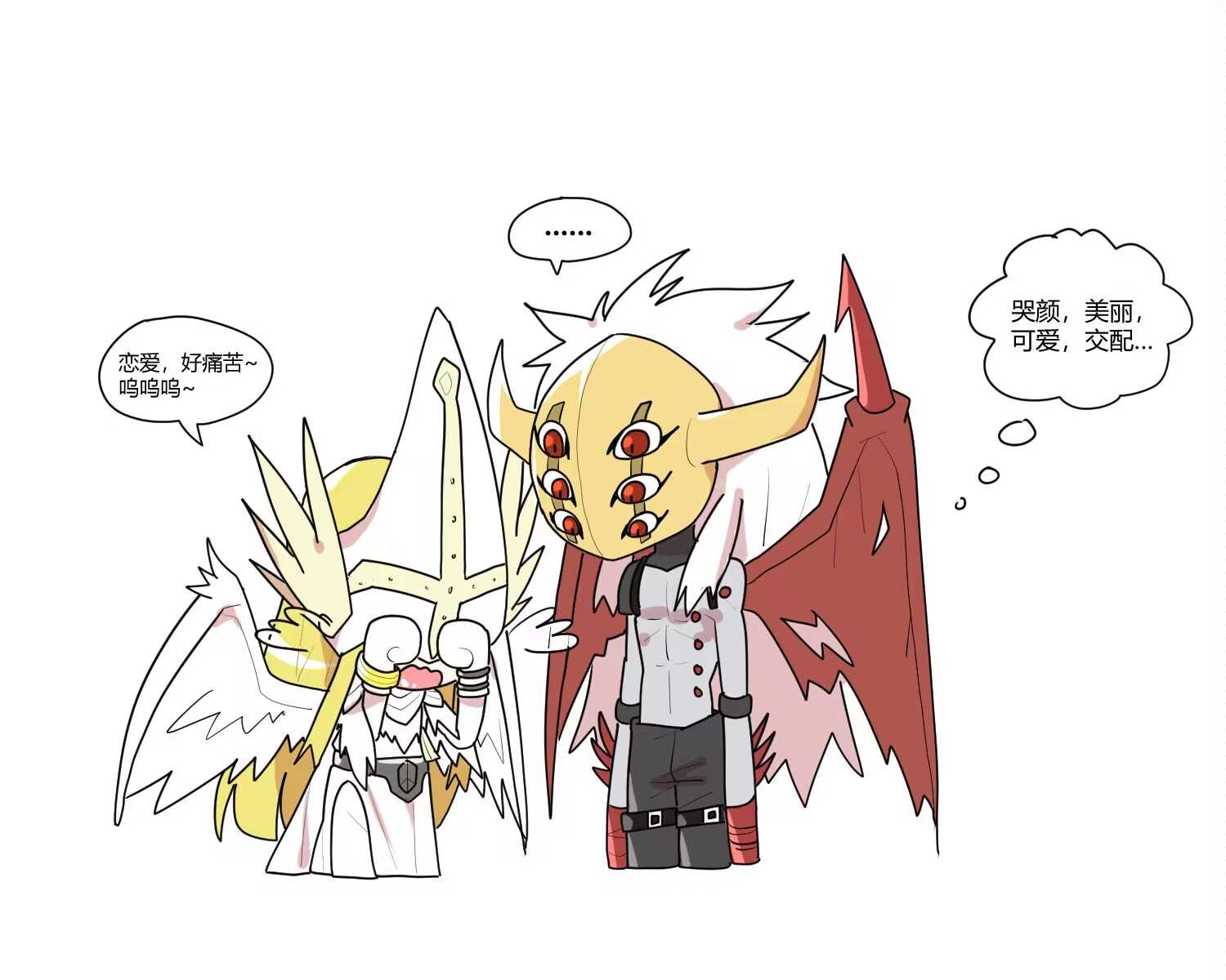 blonde_hair digimon highres holyangemon holyangemon_priest_mode mask neodevimon red_eyes white_background wings