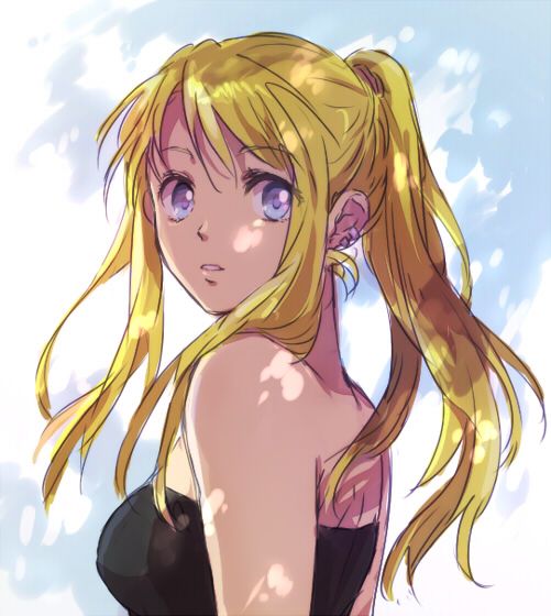 1girl arms_at_sides back bare_arms bare_back bare_shoulders black_tube_top blonde_hair blue_eyes breasts close-up dappled_sunlight eyes_visible_through_hair female_focus from_behind fullmetal_alchemist long_hair looking_at_viewer looking_back medium_breasts open_mouth parted_lips piercing ponytail riru shade sidelocks solo strapless sunlight swept_bangs tube_top upper_body winry_rockbell