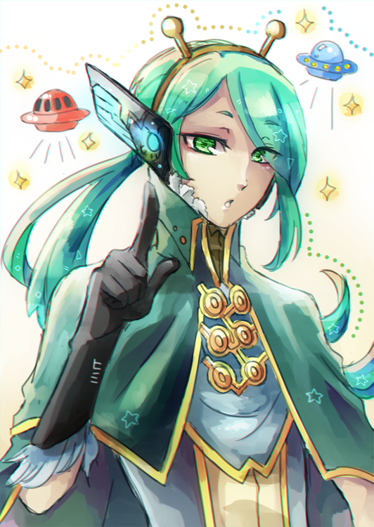 1boy art_trade black_gloves cape clip_studio_paint_(medium) commentary english_commentary fake_antennae fur-trimmed_gloves fur_trim gloves gold_trim green_cape green_eyes green_hair high_wizard_(ragnarok_online) himitsu_(dark_nao) index_finger_raised long_hair looking_at_viewer male_focus open_mouth ragnarok_online robot_ears shirt solo sparkle ufo upper_body white_shirt