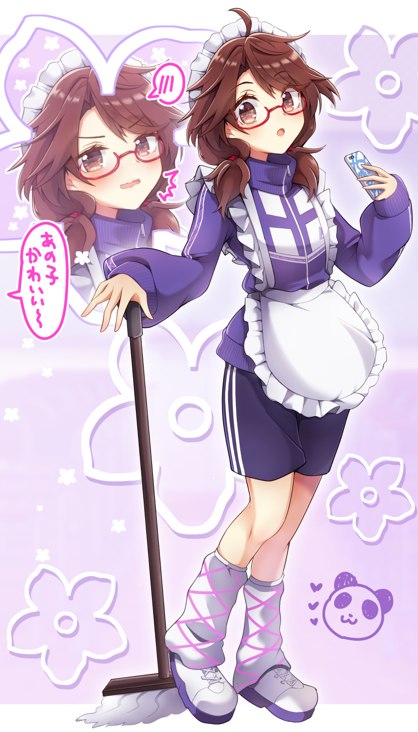 1girl alternate_costume apron brown_eyes brown_hair cellphone highres jacket jersey_maid keyaki_chimaki kneehighs low_twintails maid maid_apron maid_headdress mop open_mouth phone purple_jacket semi-rimless_eyewear shorts smartphone socks standing touhou translated turtleneck turtleneck_jacket twintails unconventional_maid usami_sumireko