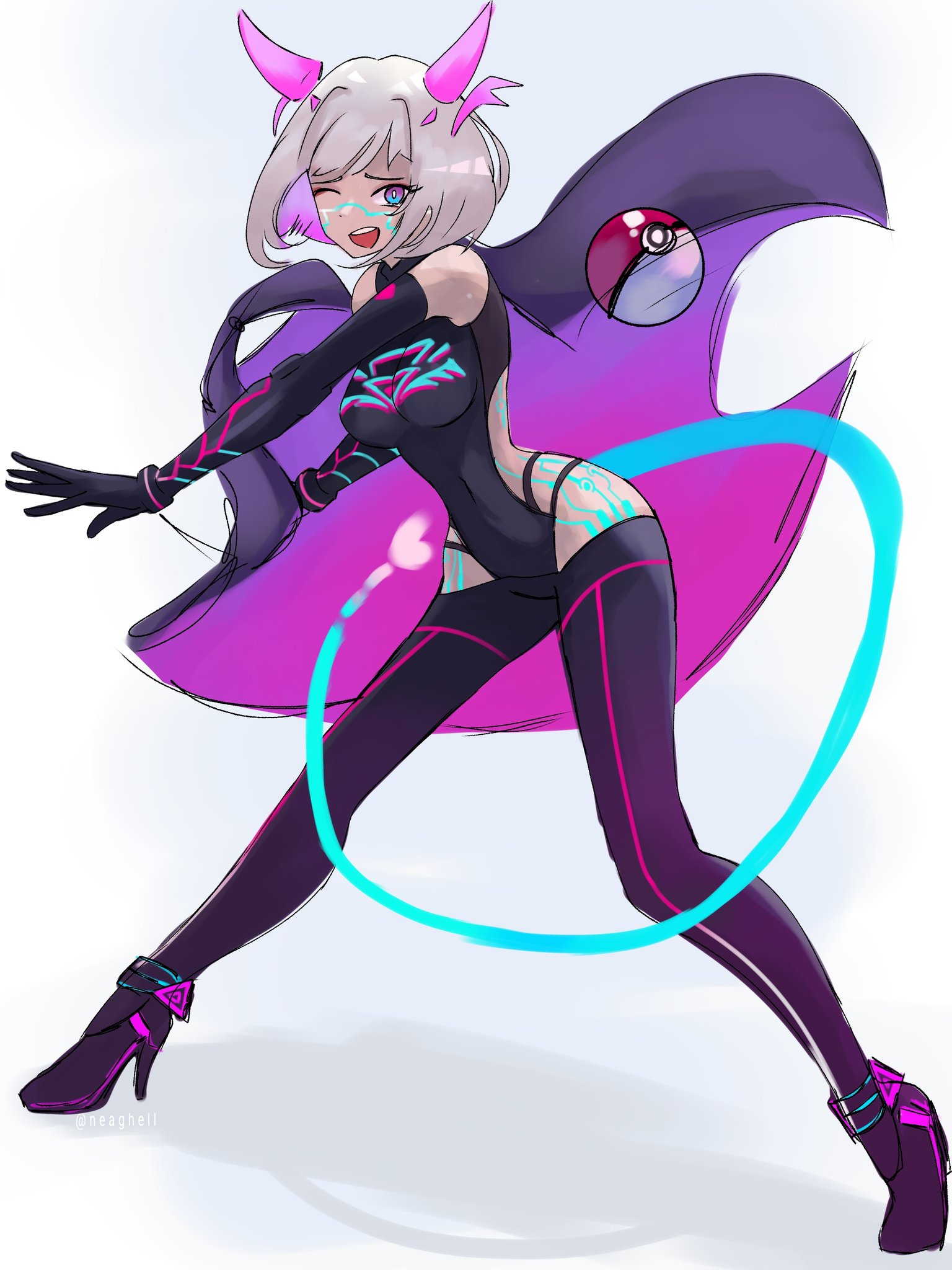 1girl ;d aqua_eyes black_bodysuit bob_cut bodysuit breasts cape colored_inner_hair detached_horns gradient_hair gradient_horns groin hair_intakes headphones highres hip_vent holographic_horns horns indie_virtual_youtuber large_breasts medium_breasts medium_hair motherv3 multicolored_eyes multicolored_hair multicolored_horns neaghelly_stn neon_trim one_eye_closed open_mouth pink_horns poke_ball poke_ball_(basic) purple_cape purple_eyes purple_hair purple_horns smile solo tail throwing throwing_poke_ball tossing two-tone_eyes virtual_youtuber