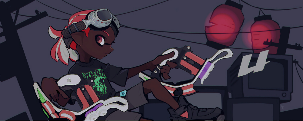 1girl black_shirt black_shoes closed_mouth commentary crt dark-skinned_female dark_skin goggles goggles_on_head grey_shorts holding imaikuy0 inkling inkling_girl inkling_player_character lantern nintendo paper_lantern pointy_ears red_eyes red_hair shirt shoes short_hair short_sleeves shorts solo splatoon_(series) symbol-only_commentary t-shirt tentacle_hair tetra_dualies_(splatoon) utility_pole