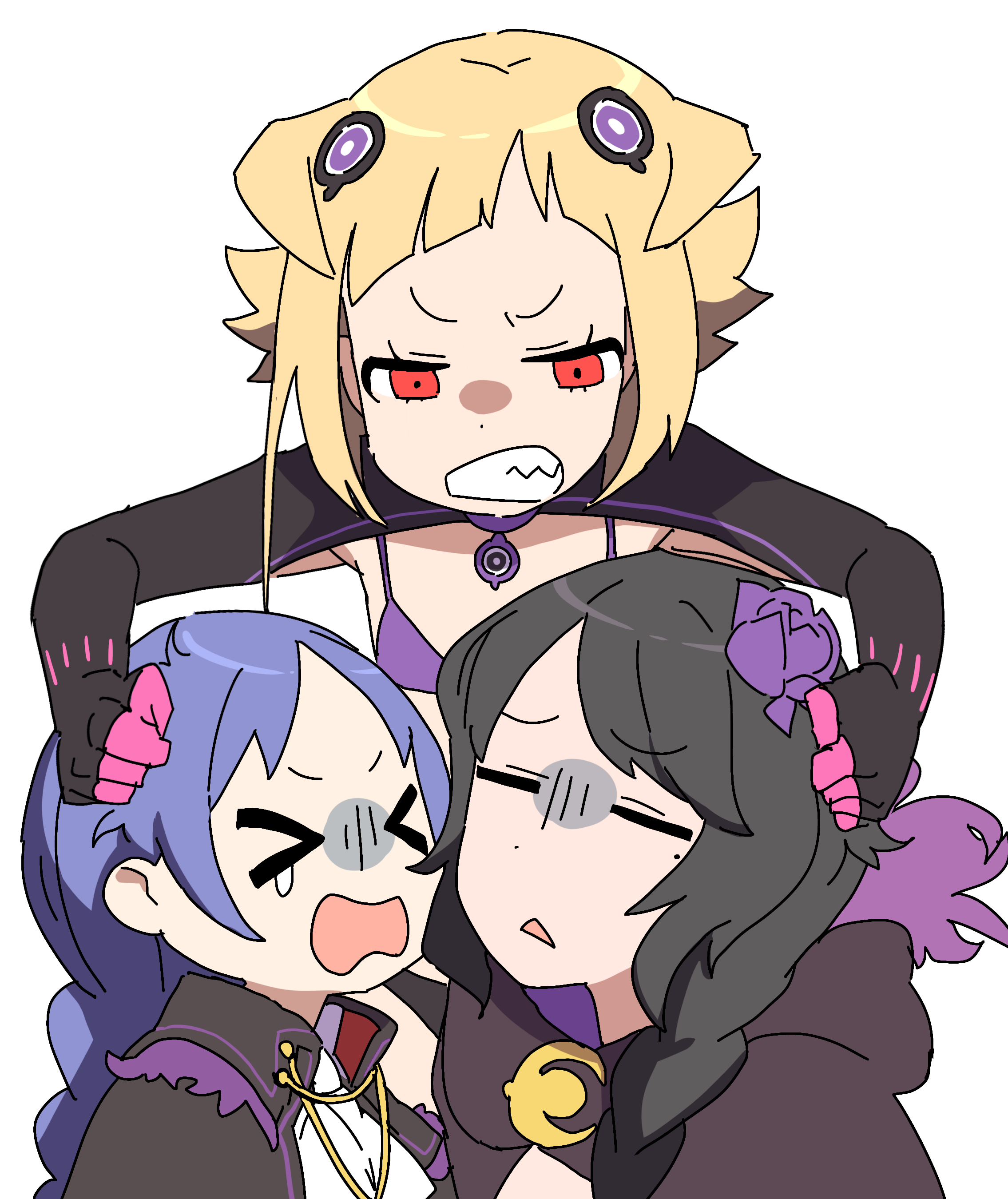 3girls absurdres black_hair blonde_hair braid braided_ponytail cape capella_emerada_lugnica elsa_granhilte flower fur_trim hair_flower hair_ornament highres meili_portroute mole mole_under_eye multiple_girls purple_flower purple_rose re:zero_kara_hajimeru_isekai_seikatsu red_eyes rose