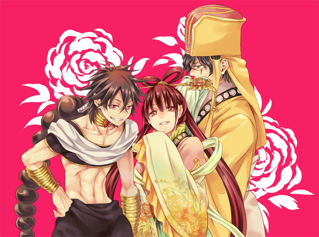 1girl 2boys baggy_pants black_hair braid chinese_clothes hand_fan hair_ornament hair_rings hat jewelry judal ka_koubun long_hair magi_the_labyrinth_of_magic midriff miho_(mi) multiple_boys neck_ring pants red_eyes red_hair ren_kougyoku short_hair single_braid smile yellow_eyes