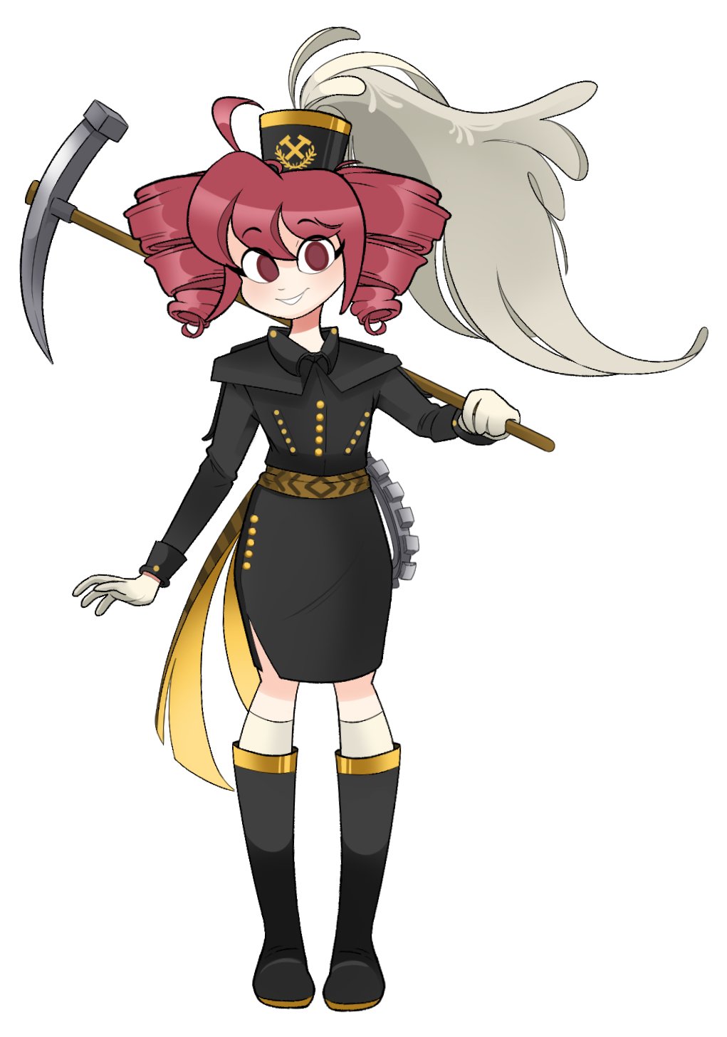 1girl artist_name belt black_boots black_hat black_skirt black_vest boots brown_belt commentary_request drill_hair full_body gears gloves hat highres holding kasane_teto kneehighs pickaxe plume poland polish_clothes polish_commentary polish_flag pooky_(karolinazalew12) red_eyes red_hair revision silesian simple_background skirt smile socks solo twin_drills utau vest white_background white_gloves white_socks worldwide_miku