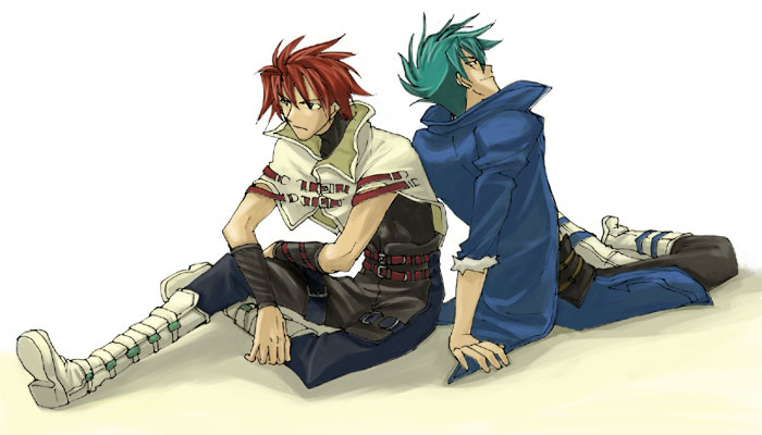 2boys aqua_hair asou_naruto banpresto brothers fernando_albark folka_albark green_hair male_focus multiple_boys red_hair siblings super_robot_wars super_robot_wars_compact_3 super_robot_wars_original_generation super_robot_wars_original_generation_gaiden
