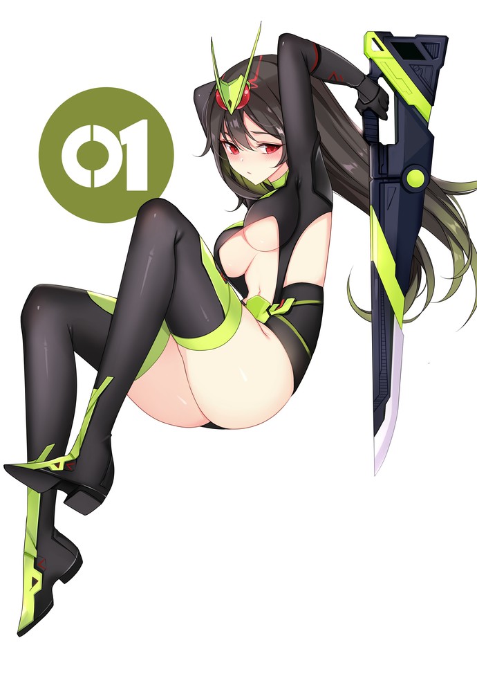 1girl animal antennae arm_behind_head arms_up ass ateoyh attache_calibur black_boots black_hair black_leotard boots breasts bug clothing_cutout female_focus grasshopper headpiece holding in_air insect kamen_rider kamen_rider_01_(series) kamen_rider_zero-one large_breasts leotard long_hair long_sleeves looking_down looking_to_the_side navel_cutout personification red_eyes rider-tan rising_hopper solo sword thigh_boots thighhighs underboob weapon