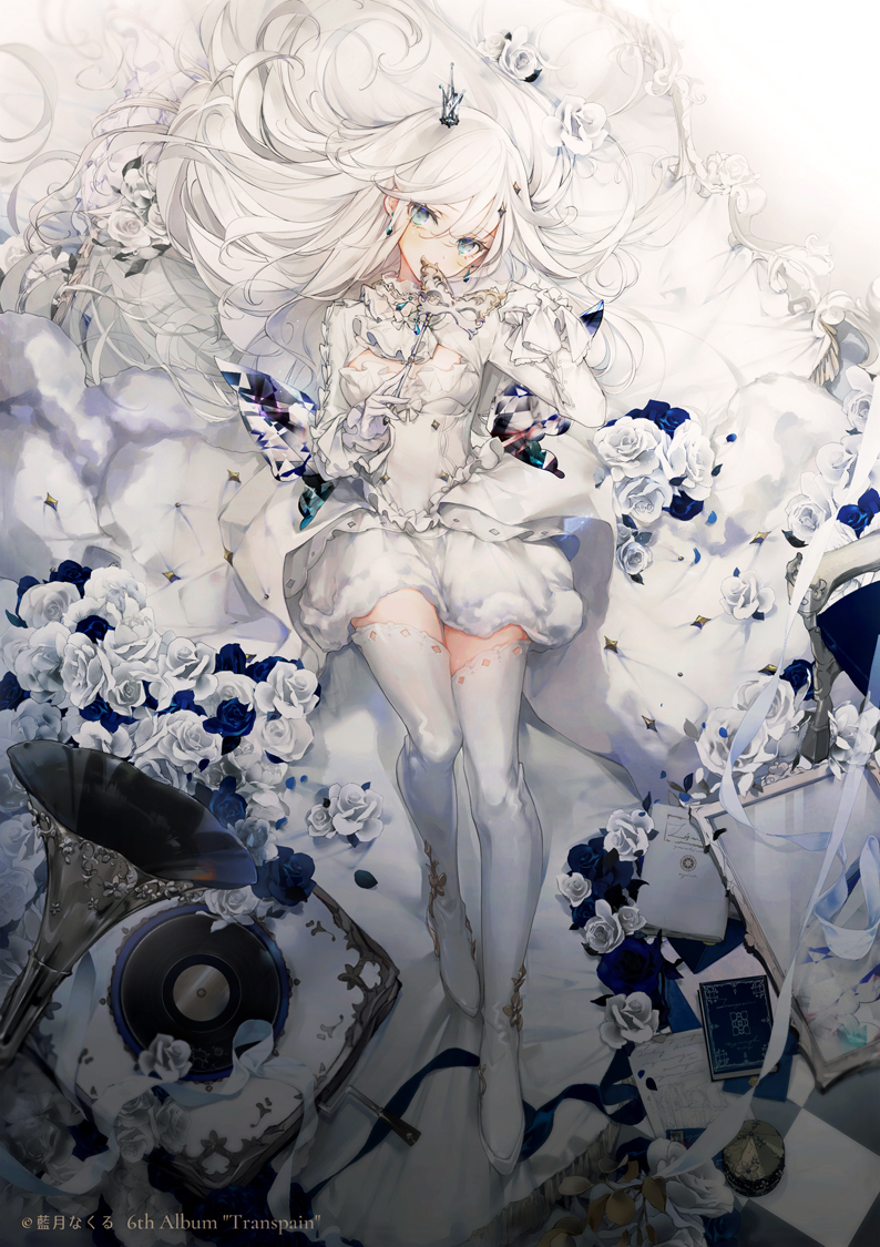 1girl blue_flower book breasts cierra_(ra-bit) copyright_name covering_own_mouth crown dress flower frilled_dress frilled_sleeves frills full_body gloves green_eyes hair_between_eyes hair_flaps long_hair long_sleeves looking_at_viewer lying mask masquerade_mask mini_crown on_back original phonograph rose sidelocks small_breasts solo thighhighs white_dress white_flower white_gloves white_hair white_thighhighs