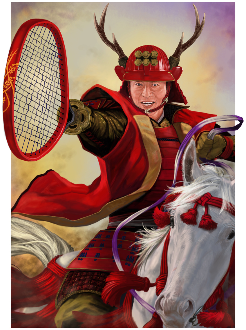 1boy antlers armor brown_gloves fake_horns gloves helmet holding holding_reins horned_helmet horns horseback_riding japanese_armor kabuto_(helmet) male_focus matsuoka_shuuzou pointing pointing_at_viewer racket real_life reins riding smile solo tennis_racket zeze