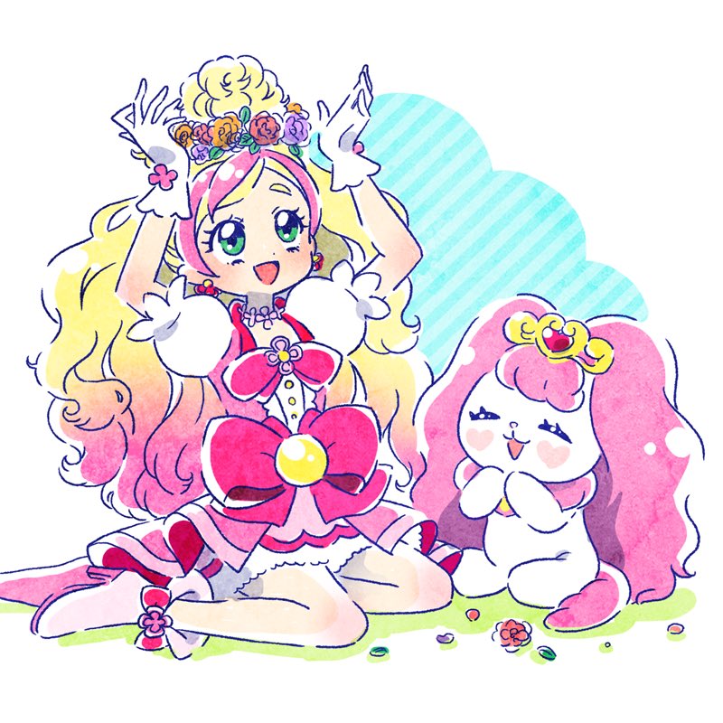 :d arms_up bow closed_eyes cure_flora earrings flower flower_earrings flower_necklace footwear_flower gloves go!_princess_precure green_eyes haruno_haruka head_wreath heart_cheeks hoppetoonaka3 jewelry magical_girl multicolored_hair necklace open_mouth outdoors pink_bow pink_skirt precure puff_(go!_princess_precure) simple_background sitting skirt smile streaked_hair tiara two-tone_hair waist_bow waist_brooch white_gloves