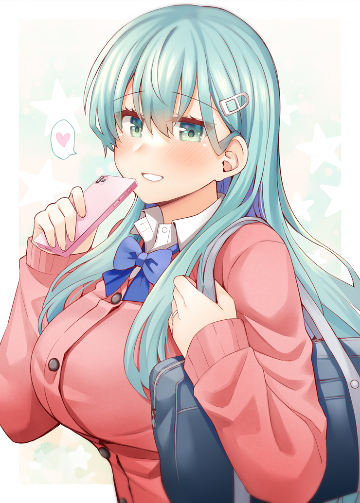 1girl aqua_eyes aqua_hair bag blue_bow blue_bowtie blush bow bowtie breasts buttons cardigan cellphone collared_shirt commentary_request grin hair_between_eyes hair_ornament hairclip heart holding holding_phone kantai_collection large_breasts long_hair long_sleeves looking_at_viewer official_alternate_costume phone pink_cardigan revision rui_shi_(rayze_ray) school_bag school_uniform shirt smartphone smile solo spoken_heart suzuya_(kancolle) suzuya_(school_girl)_(kancolle) upper_body white_shirt