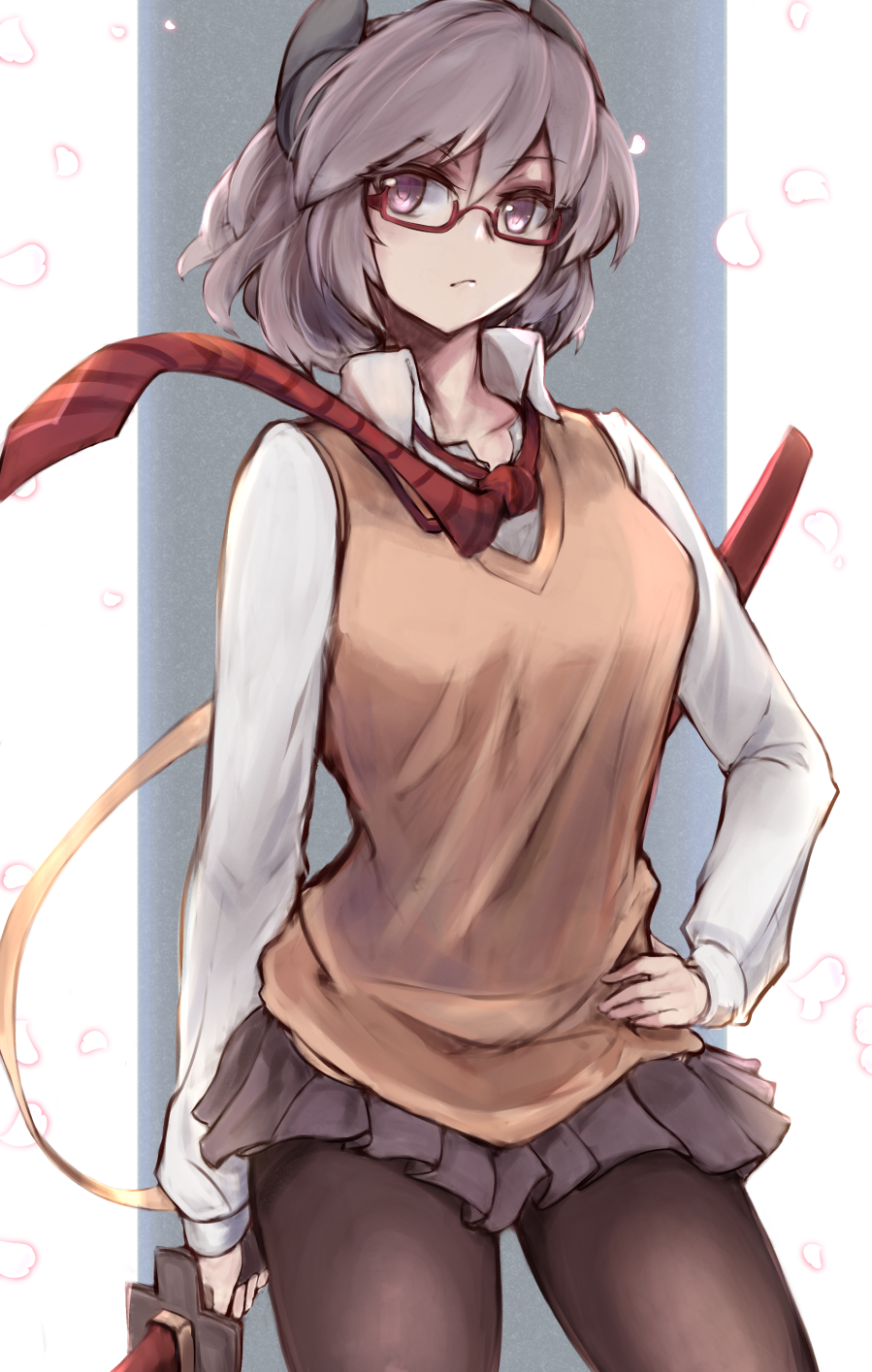 1girl azur_lane breasts brown_hair commentary_request glasses hair_between_eyes highres horns jacket kirishima_(after-school_cannon_time)_(azur_lane) kirishima_(azur_lane) large_breasts marshall_k necktie official_alternate_costume pantyhose purple_eyes red-framed_eyewear school_uniform semi-rimless_eyewear shirt short_hair skirt solo under-rim_eyewear weapon